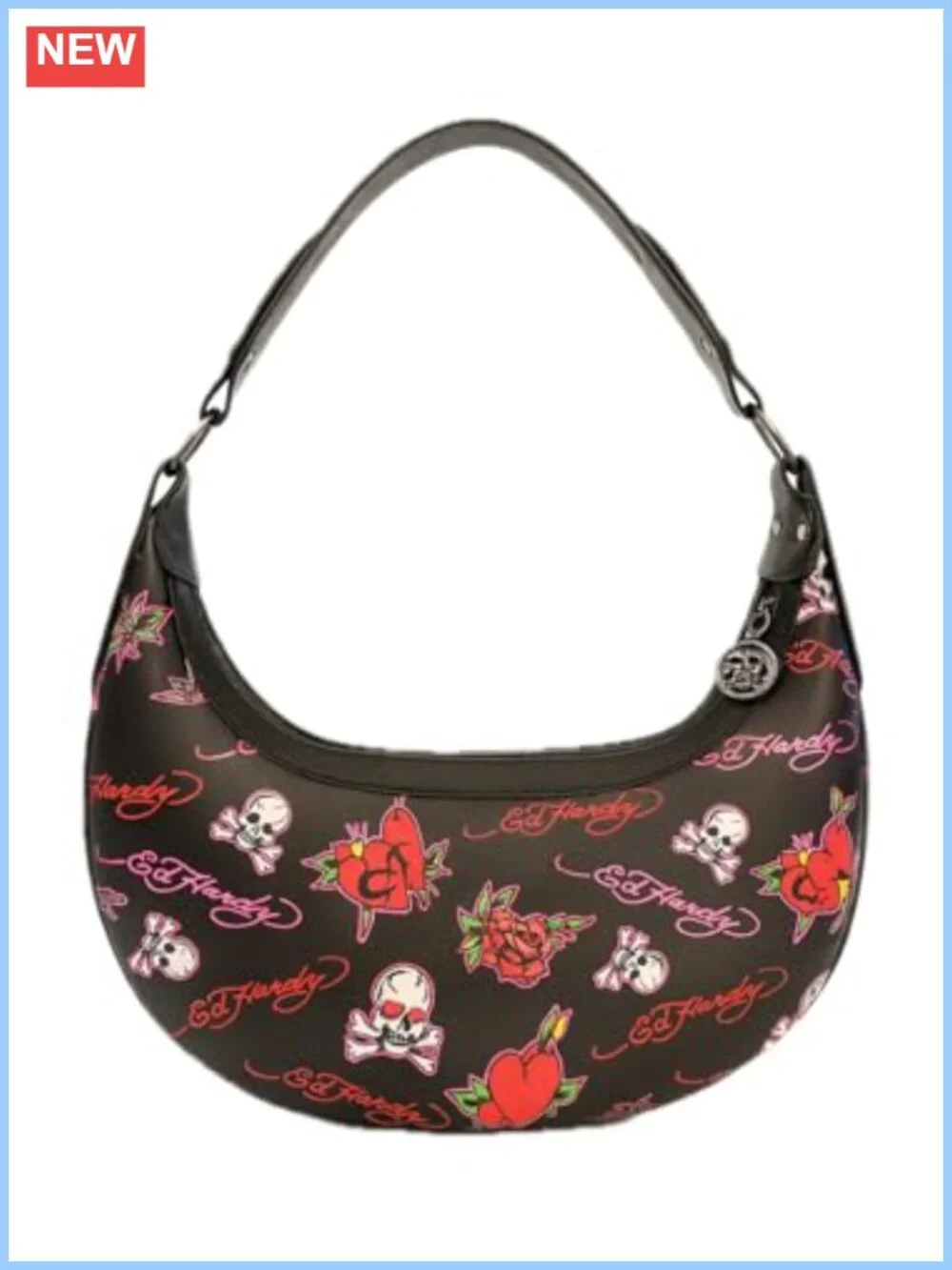 Studded Tattoo Hobo Shoulder Bag Faux Leather Zip Closure Rocker Style